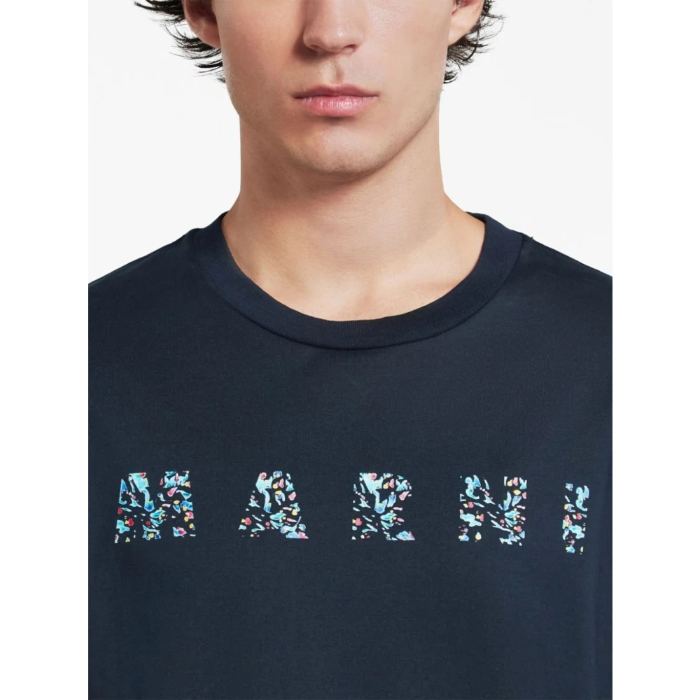 Marni Bedrukt Logo Katoenen T-Shirt Blue Heren