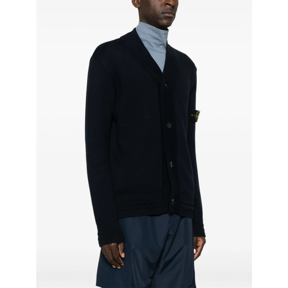 Stone Island Blauwe Gebreide V-Hals Trui Blue Heren