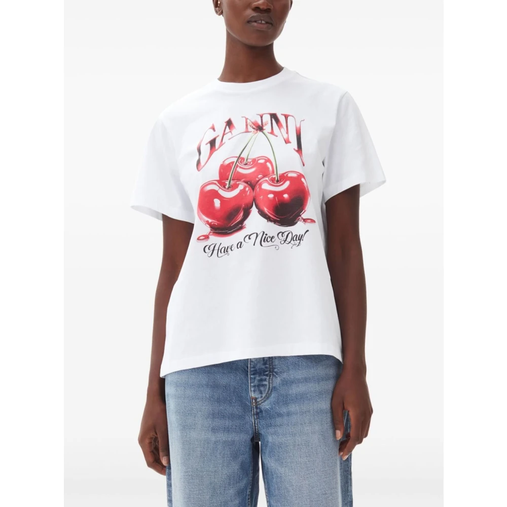 Ganni Grafische Print Ronde Hals T-shirt White Dames