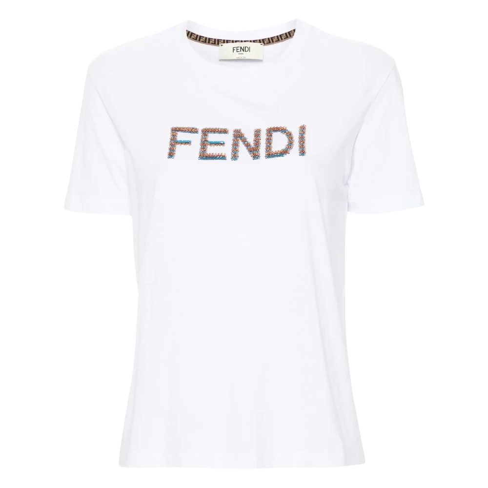 Fendi Pailletgeborduurde Crew Neck T-shirt White Dames