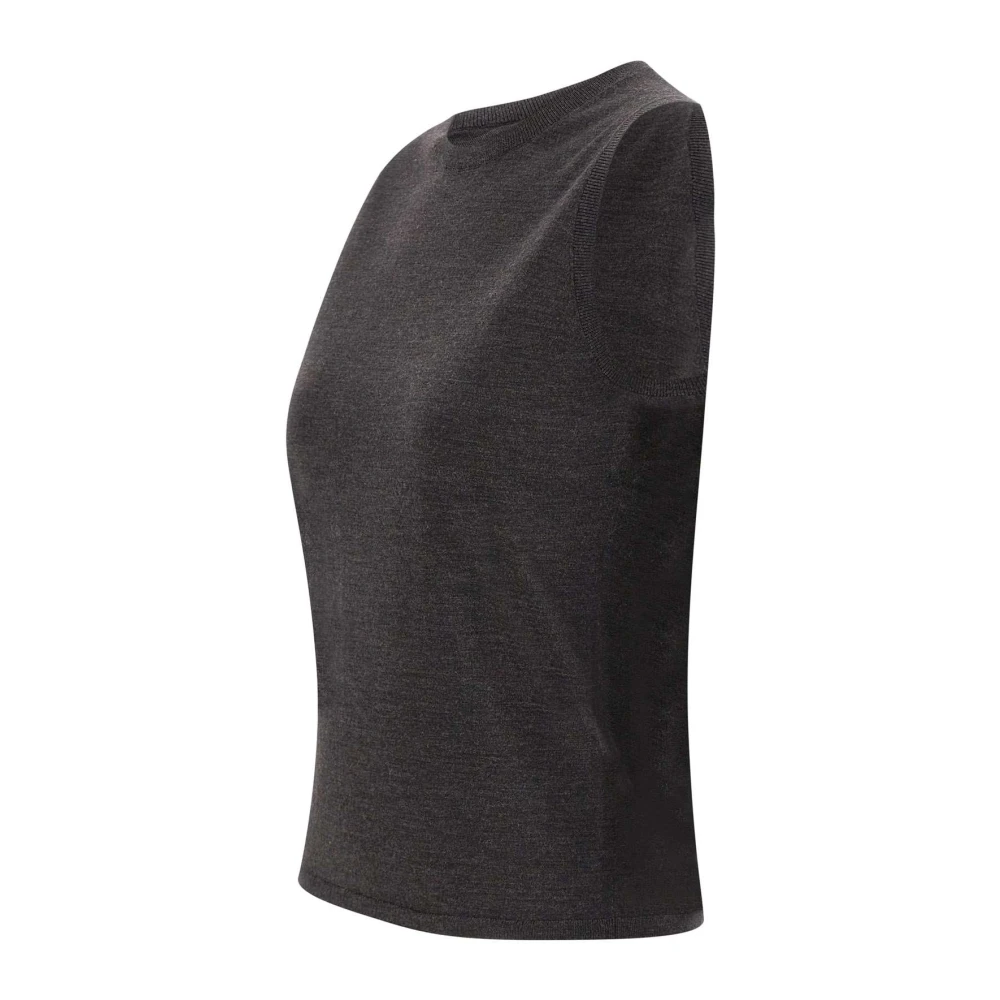 Theory Wollen Mouwloze Top Zwart Geribbelde Randen Gray Dames