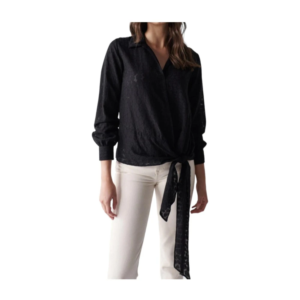Salsa Women's Black Blouses,, Textured Blouse With Bow Extra Small