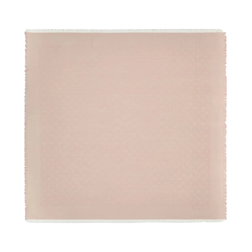 Tory Burch Women's Pink Silk Scarves, One Size, Jacquard Monogram Fringed Scarf
