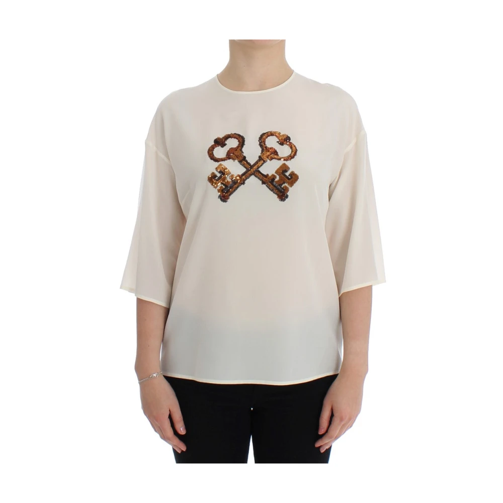 Dolce & Gabbana Women's White Sequined Key Silk Blouse