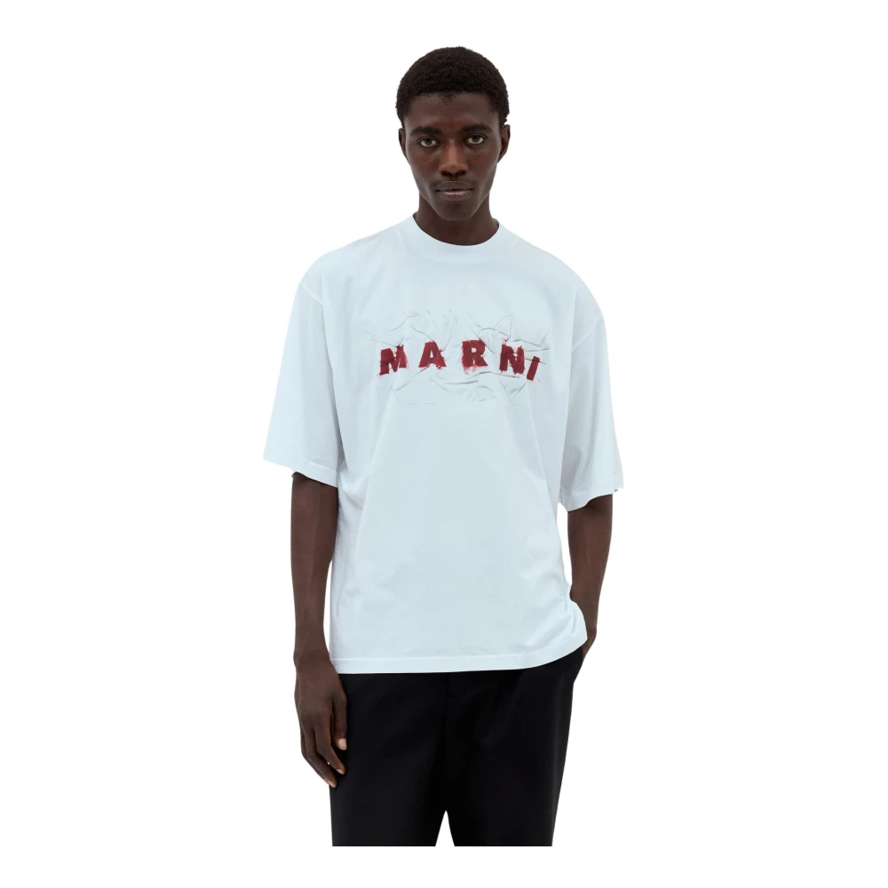 Marni Logo Print T-Shirt van katoenen jersey White Heren