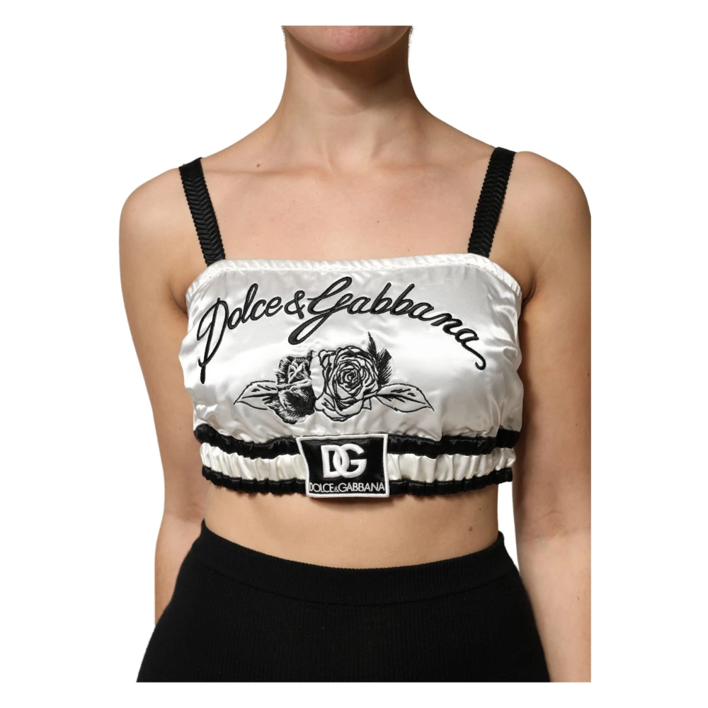 Dolce & Gabbana White Silk Satin Crop Black Logo Bralette Top - IT40|S - Image 2