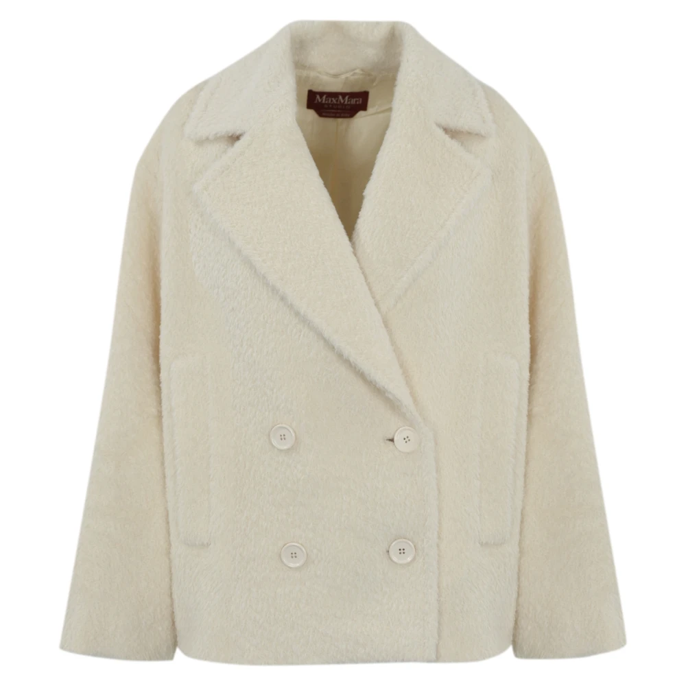 Max Mara Studio Dubbelbreasted Alpaca en wollen jas White Dames