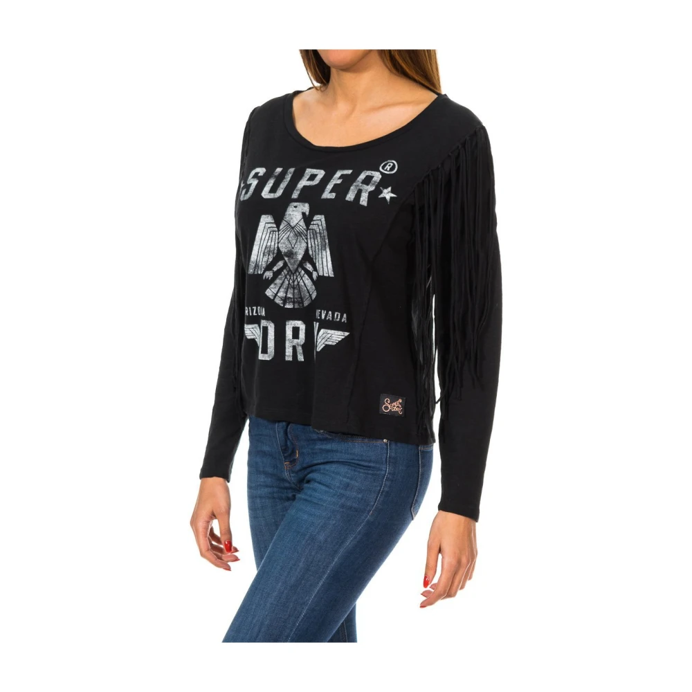 Superdry Women's Black Long Sleeve T-Shirts, 2XS, Round Neck Lace Detail Long Sleeve Jersey