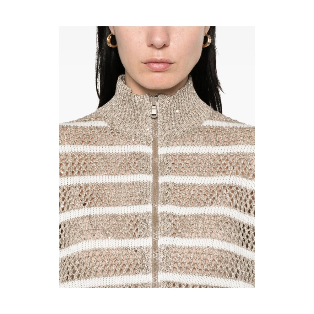 BRUNELLO CUCINELLI Beige Gestreepte Mouwloze Rits Sweater Brown Dames