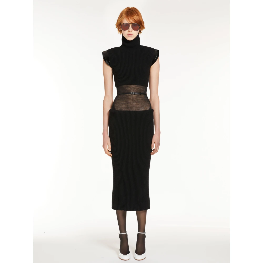 SPORTMAX Gebreide Jurk met Hoge Kraag Black Dames
