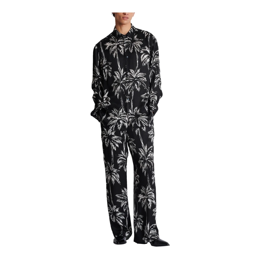 Balmain Gedrukte satijnen palmboom overhemd Black Heren