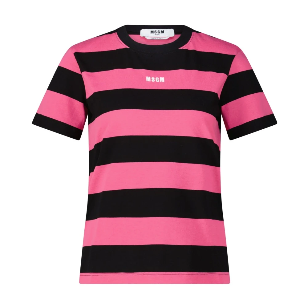 Msgm Women's Pink T-Shirts, M, Striped Logo T-Shirt