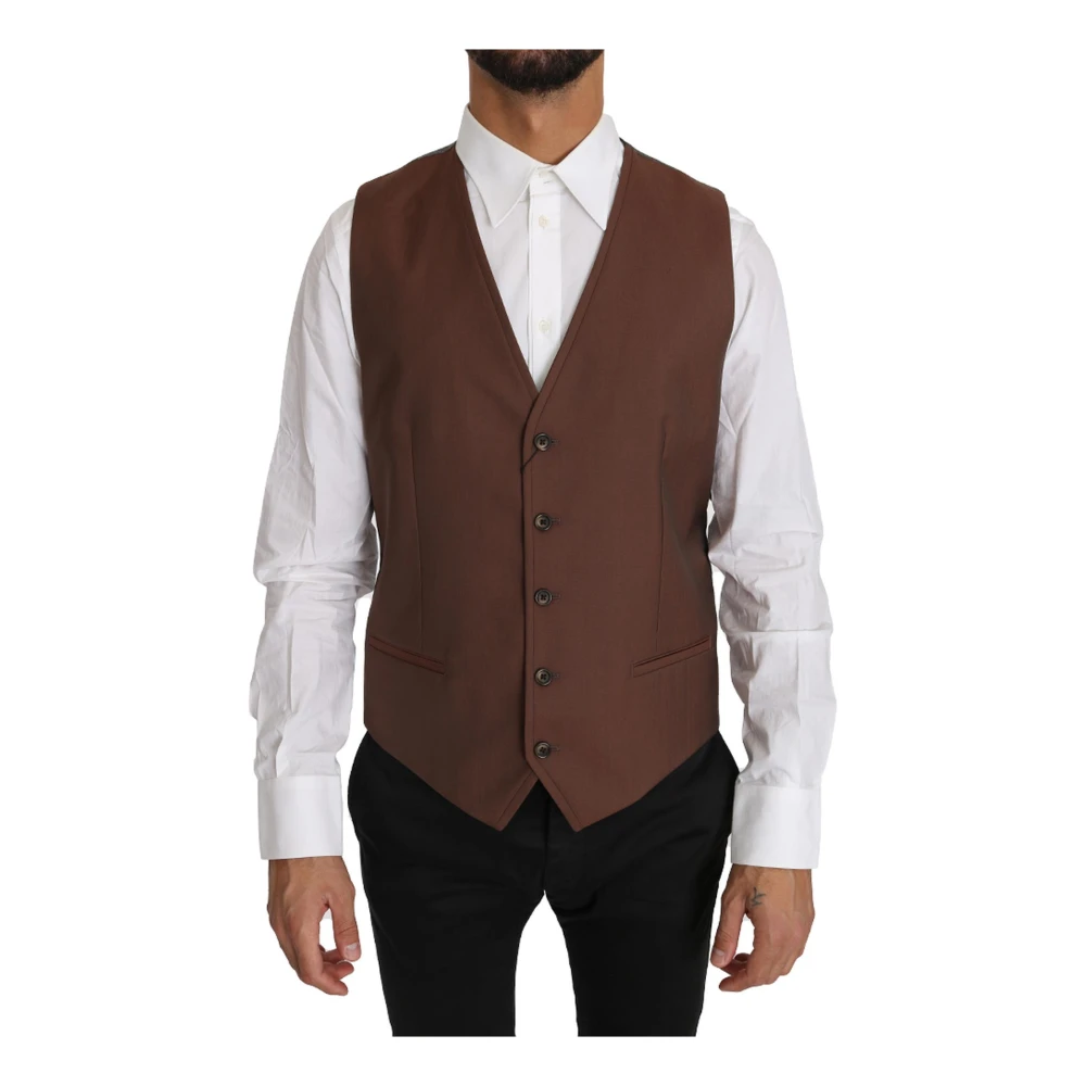 Dolce & Gabbana Men's Brown Waistcoats, L, Luxury Wool Silk Waistcoat Vest