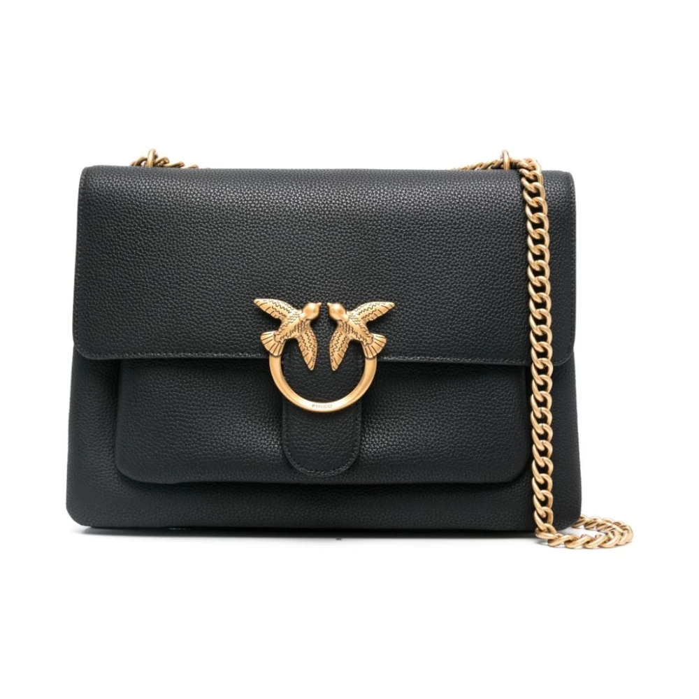 pinko Gestructureerde Leren Schoudertas met Love Birds Gesp Black Dames