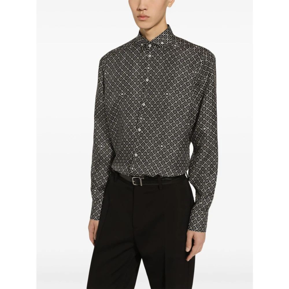 Dolce & Gabbana Zwart Zijden Shirt met Geometrisch Patroon Black Heren
