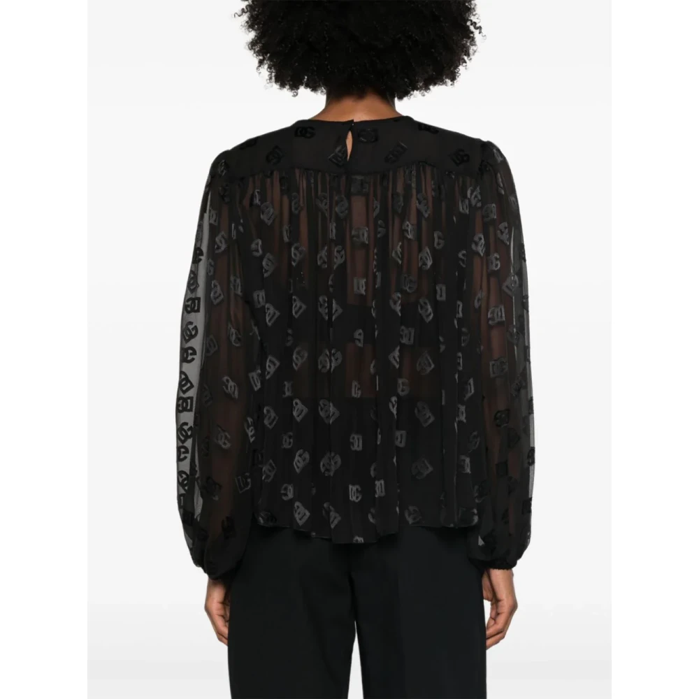 Dolce & Gabbana Jacquard Logo Blouse Zwart Zijde Viscose Black Dames