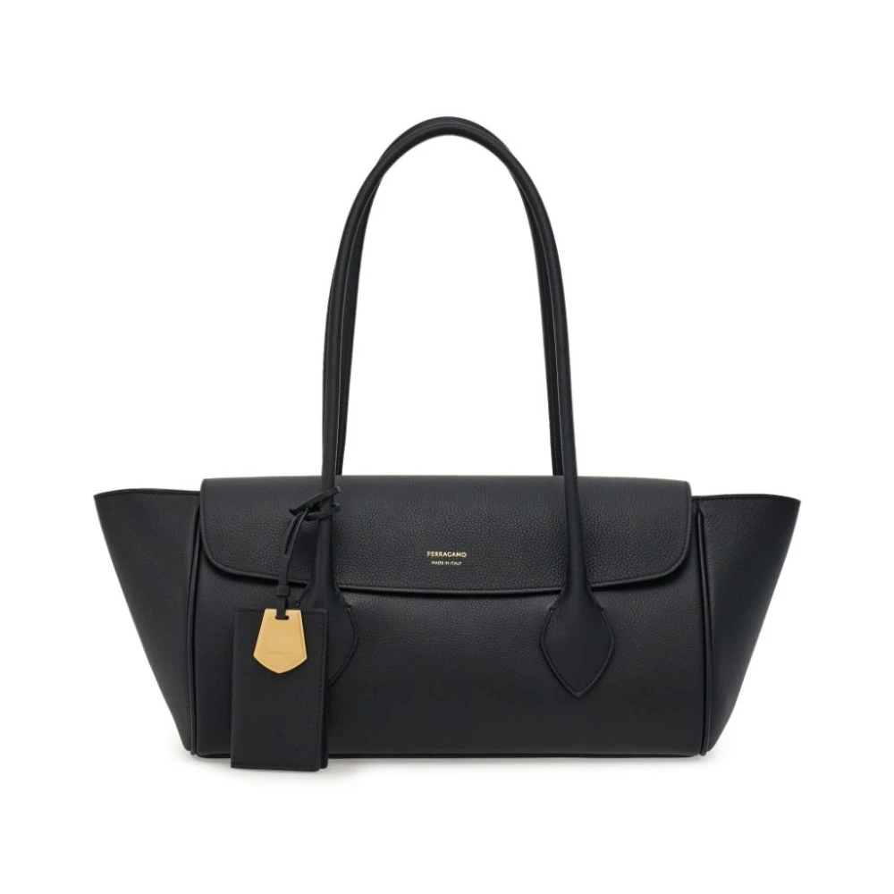 Salvatore Ferragamo Logo Print Zwarte Leren Tote Tas Black Dames