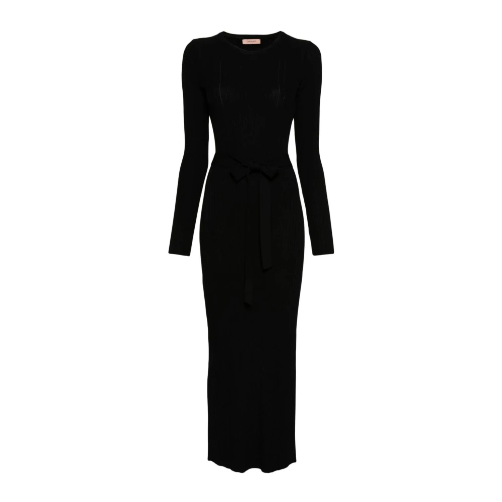 Twinset Zwarte Geribbelde Lange Jurk met Uitgesneden Detail Black Dames
