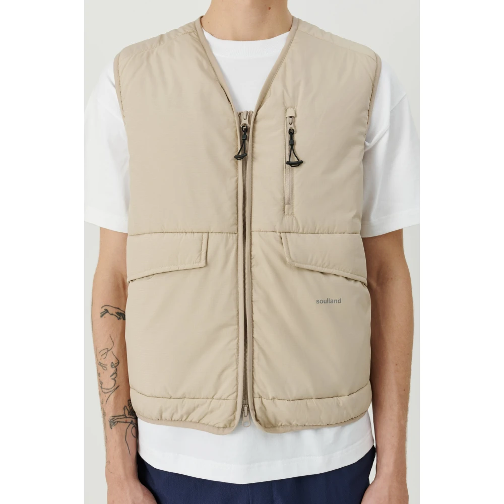 Soulland Utility Vest in Polyester Ripstop Stof Beige Heren