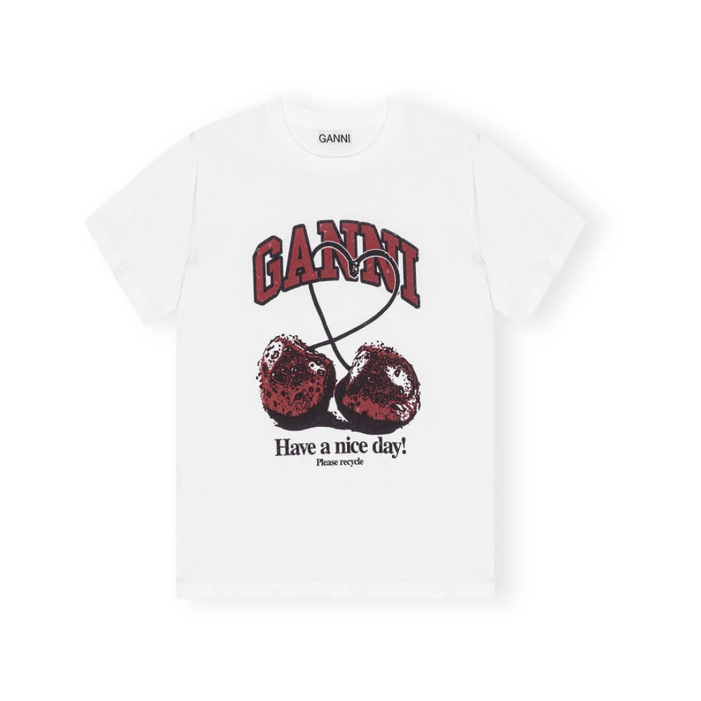 Ganni Ontspannen Cherry T-shirt met Print White Dames