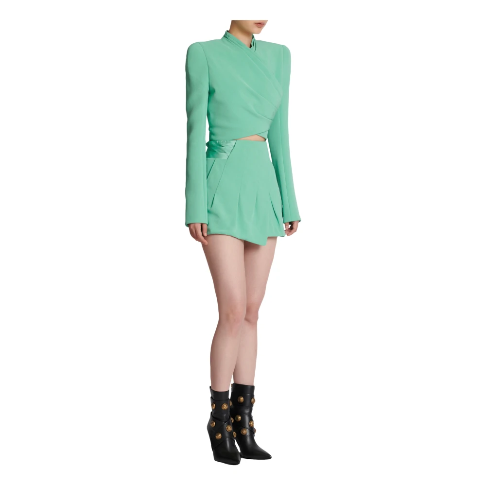 Balmain Satin Tailleband Crepe Gedrapeerde Shorts Green Dames