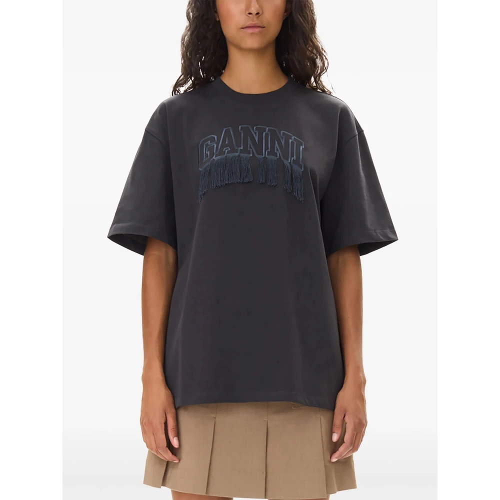Ganni T-shirt met Geborduurd Logo en Franje Black Dames