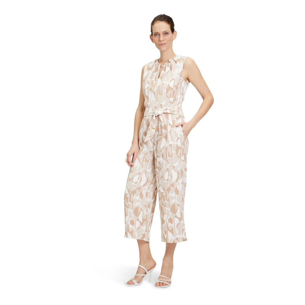 Betty & Co Mouwloze Multicolor Jumpsuit met Strikceintuur Beige Dames