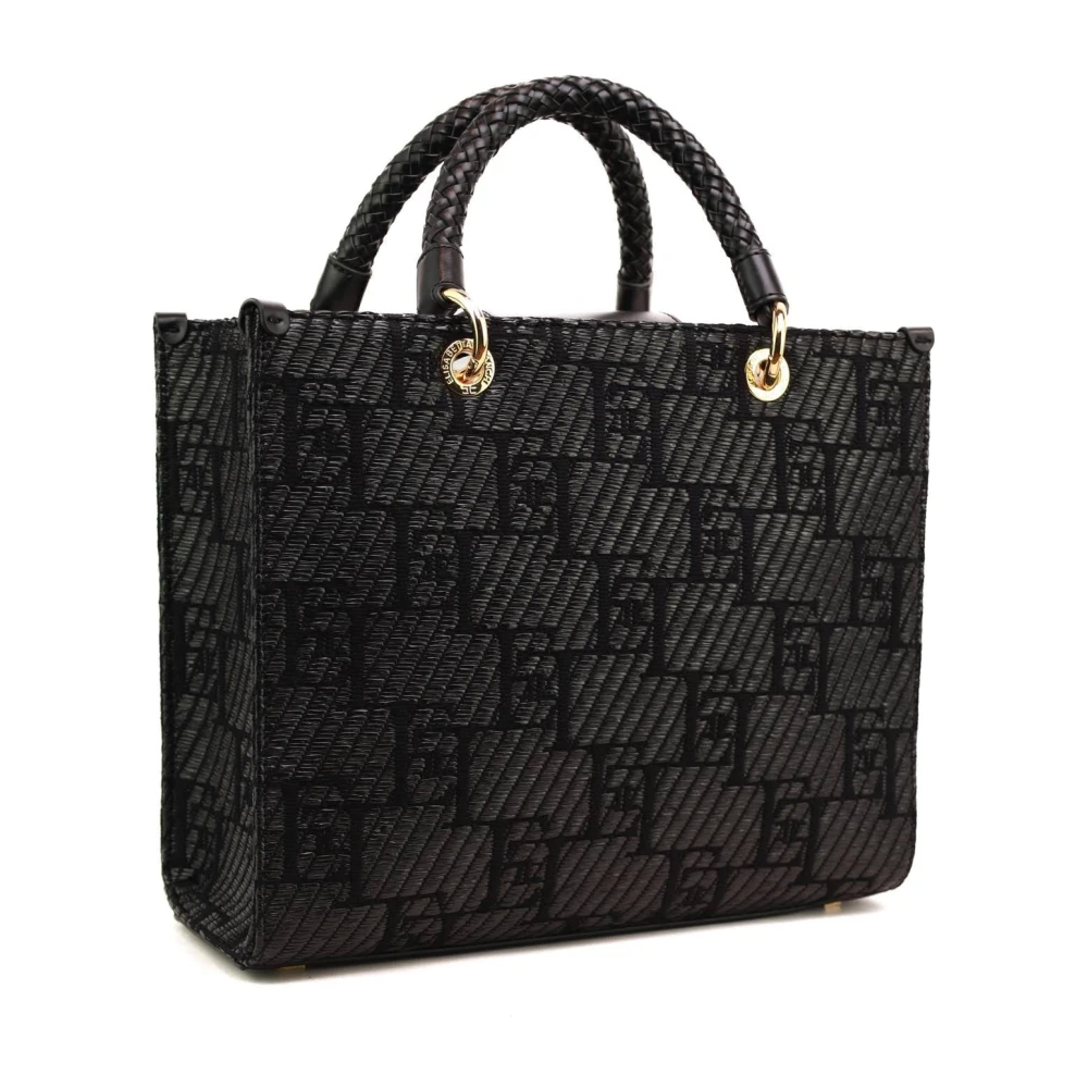 Elisabetta Franchi Rafia Jacquard Shopper Tas met Logo Black Dames
