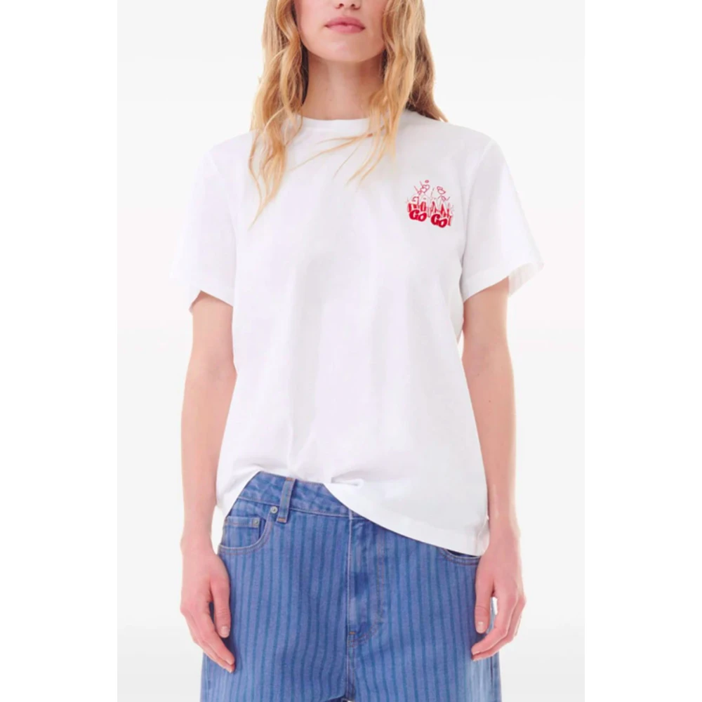 Ganni Wit Katoen Logo Print Ronde Hals T-shirt White Dames