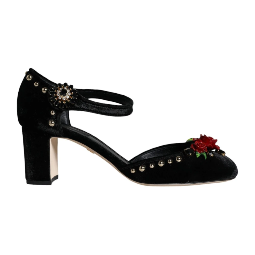 Dolce & Gabbana Women's Black Rose Velvet Ankle Strap Pumps