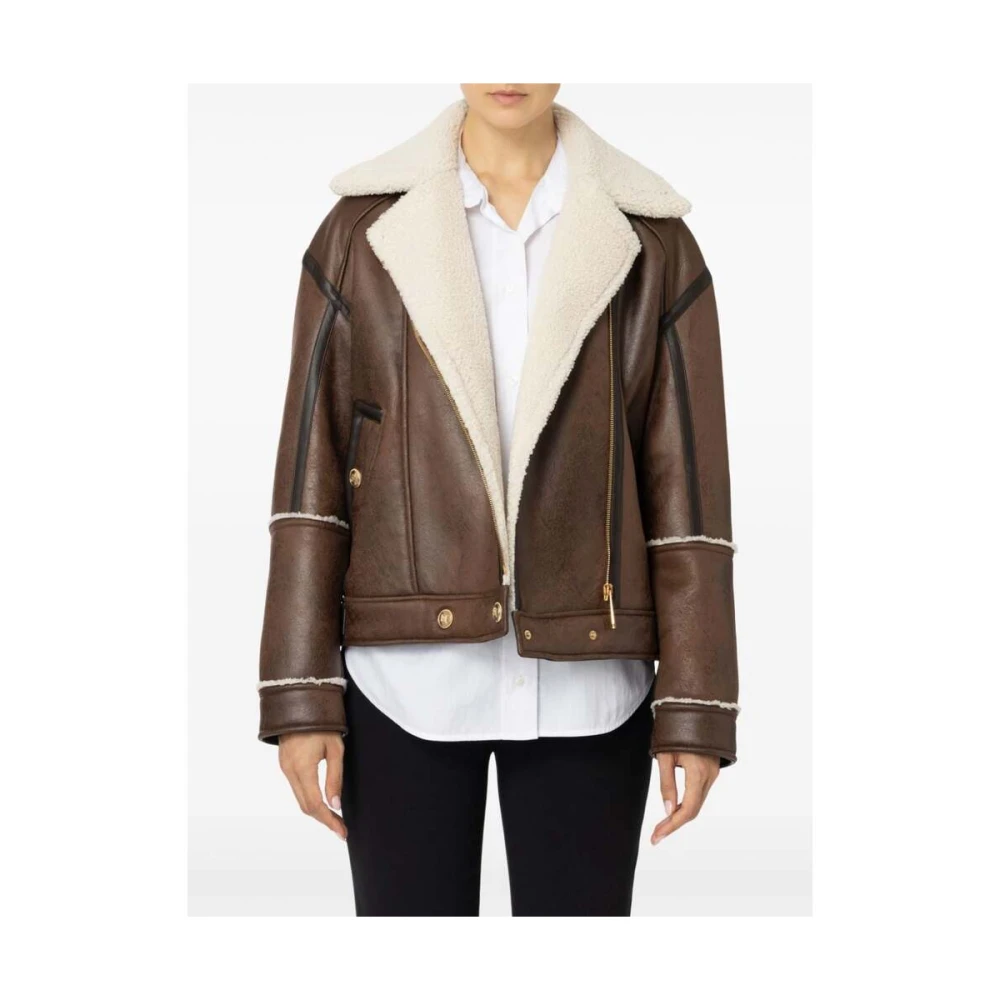 Elisabetta Franchi Bruine Shearling Jas met Gesp Sluiting Brown Dames