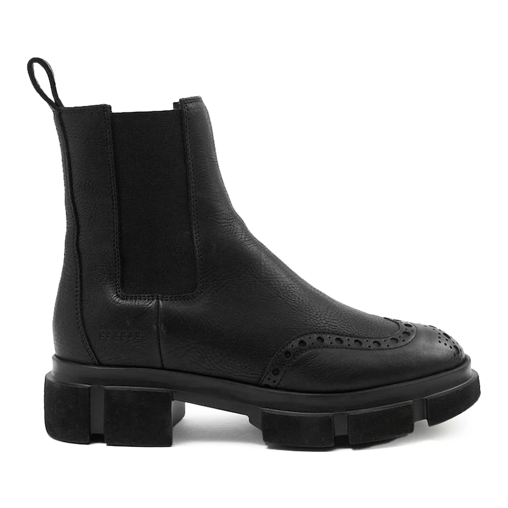 Copenhagen Studios Svarta Ankelboots i Kornigt Läder med Brogue-stil Snörning Black, Dam