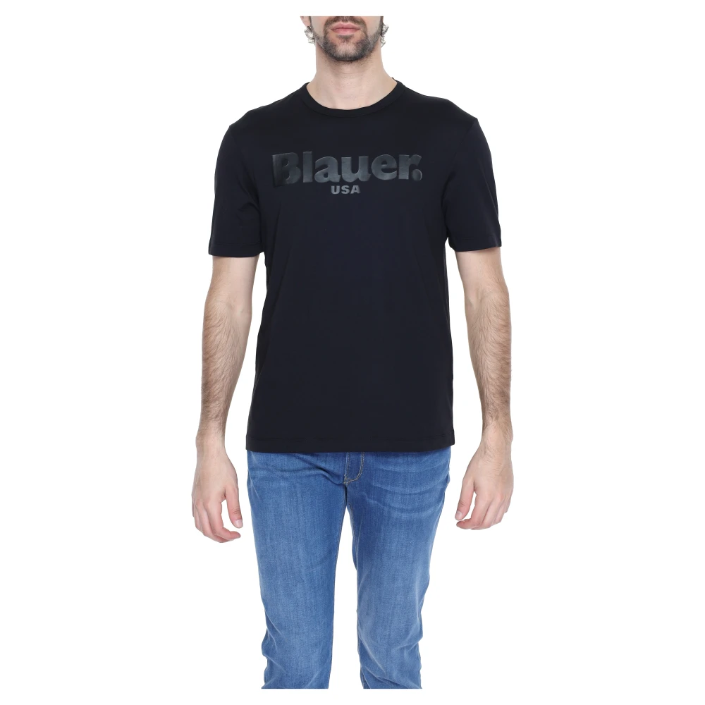 Blauer Zwart Logo Print T-shirt Geribbelde Ronde Hals Black Heren