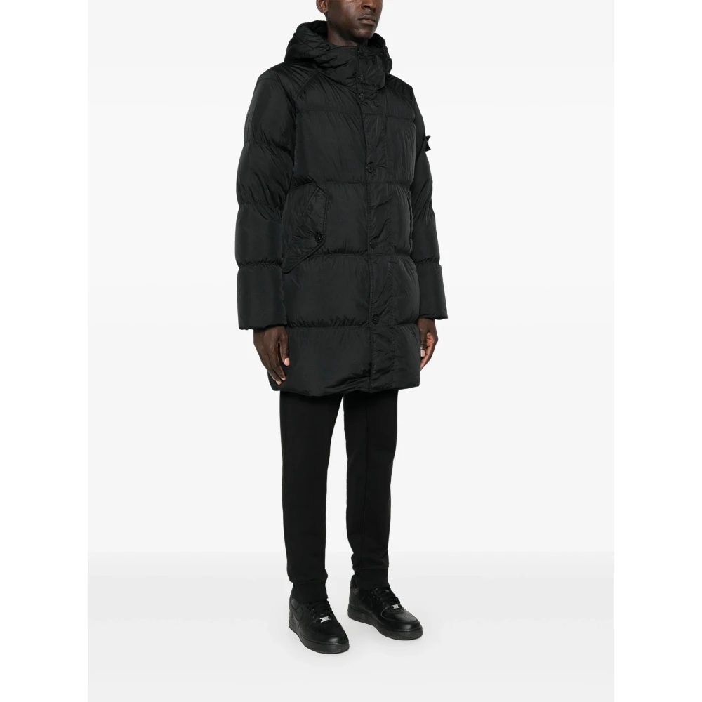 Stone Island Lange Zwarte Crinkle Jas Black Heren