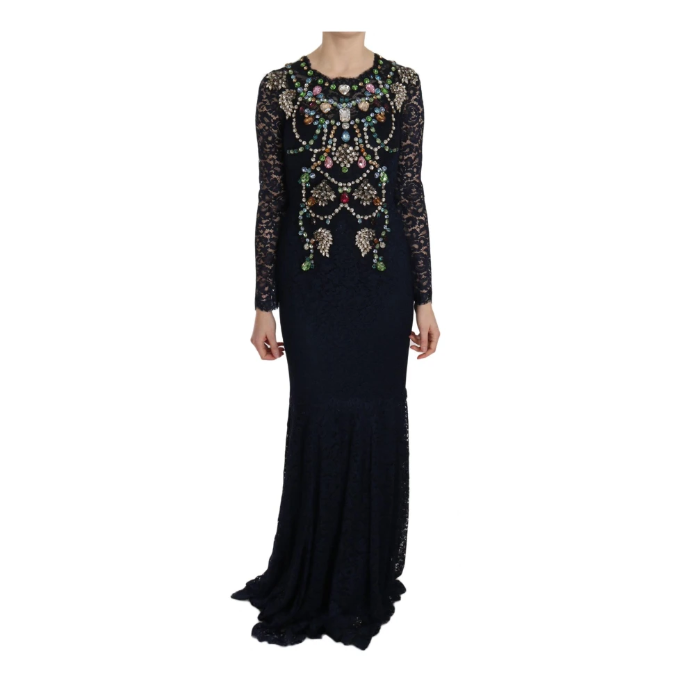 Dolce & Gabbana Women's Blue Crystal Floral Lace Maxi Dress