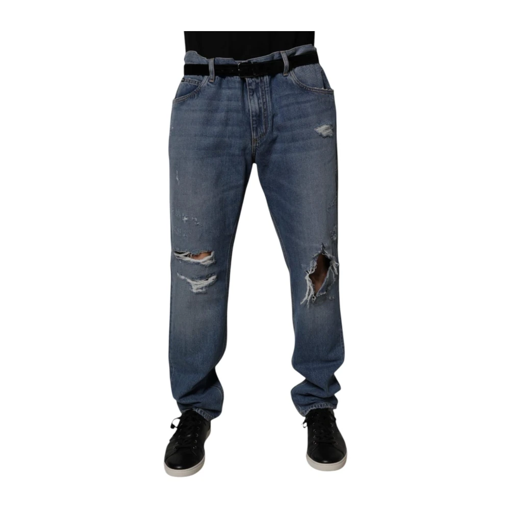 Dolce & Gabbana Men's Blue Tattered Straight Denim Jeans