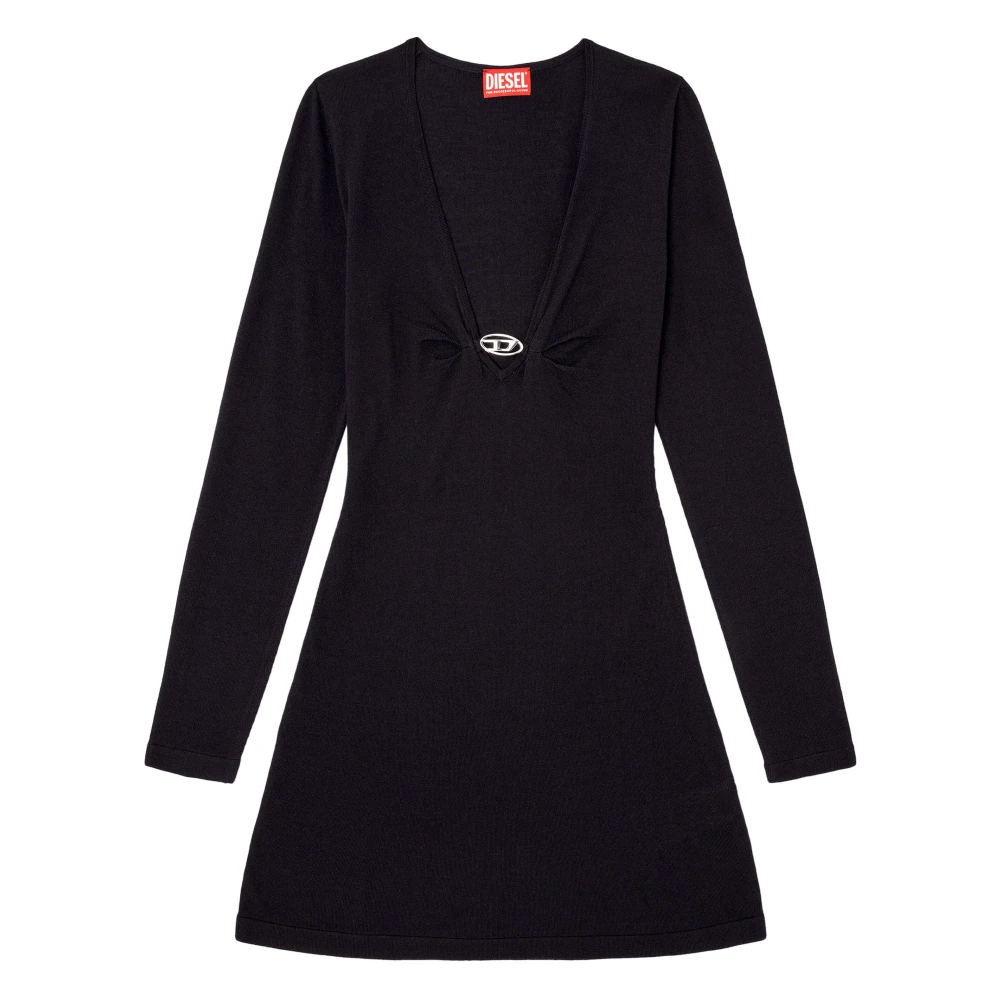 Diesel, Short Dresses, female, Black, XS, Black Wool V-Neck Dress Metal Detail