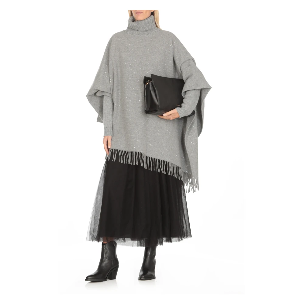 Fabiana Filippi Grijze wollen cape met pailletten en franjes Gray Dames