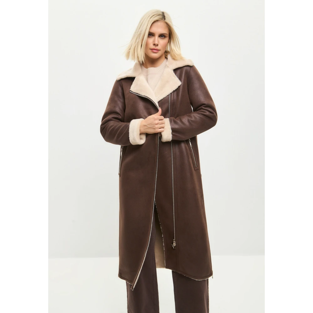 Cesare Gaspari Bruine Faux Reversible Shearling Lange Jas Brown Dames
