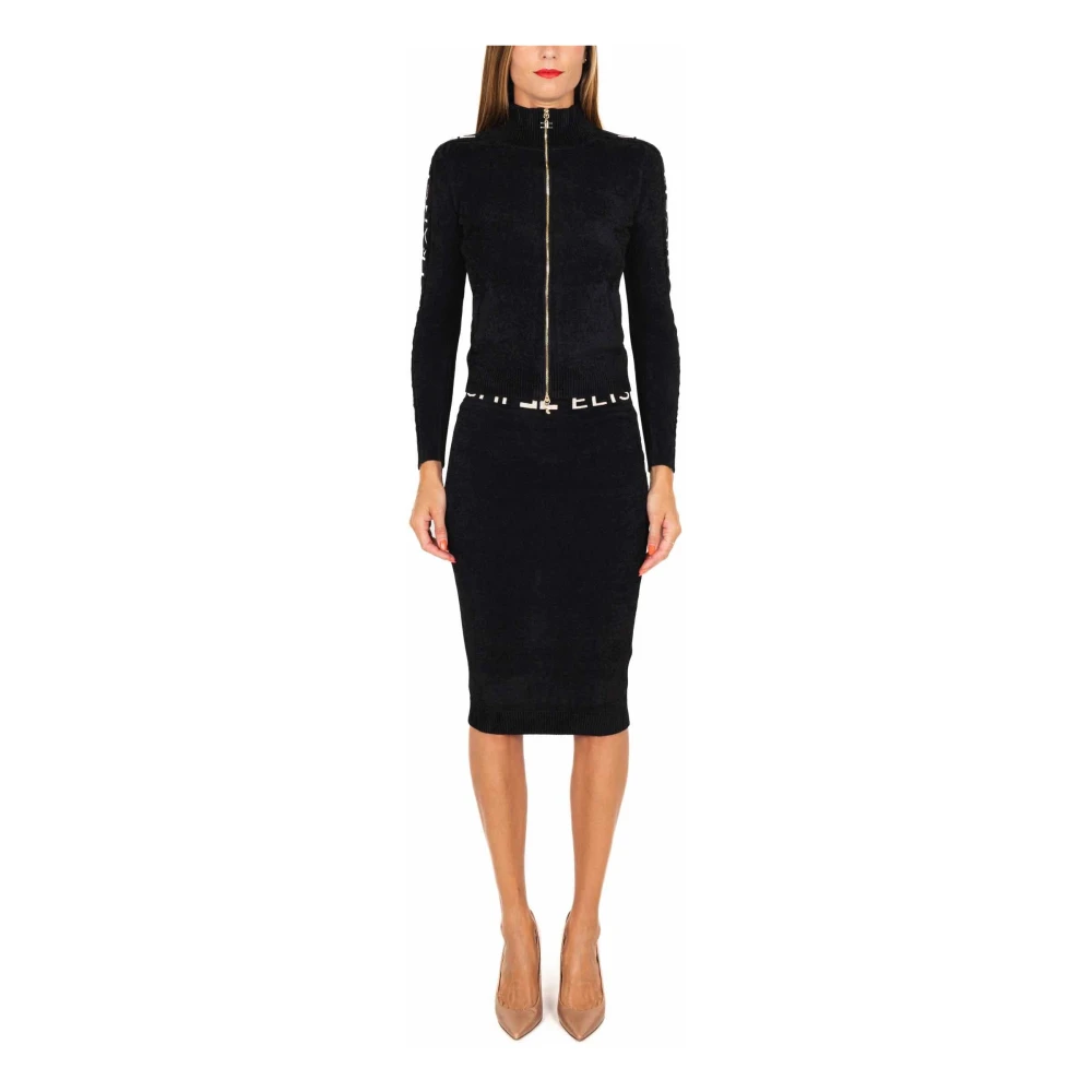 Elisabetta Franchi Zwarte wollen potloodrok met logoband Black Dames