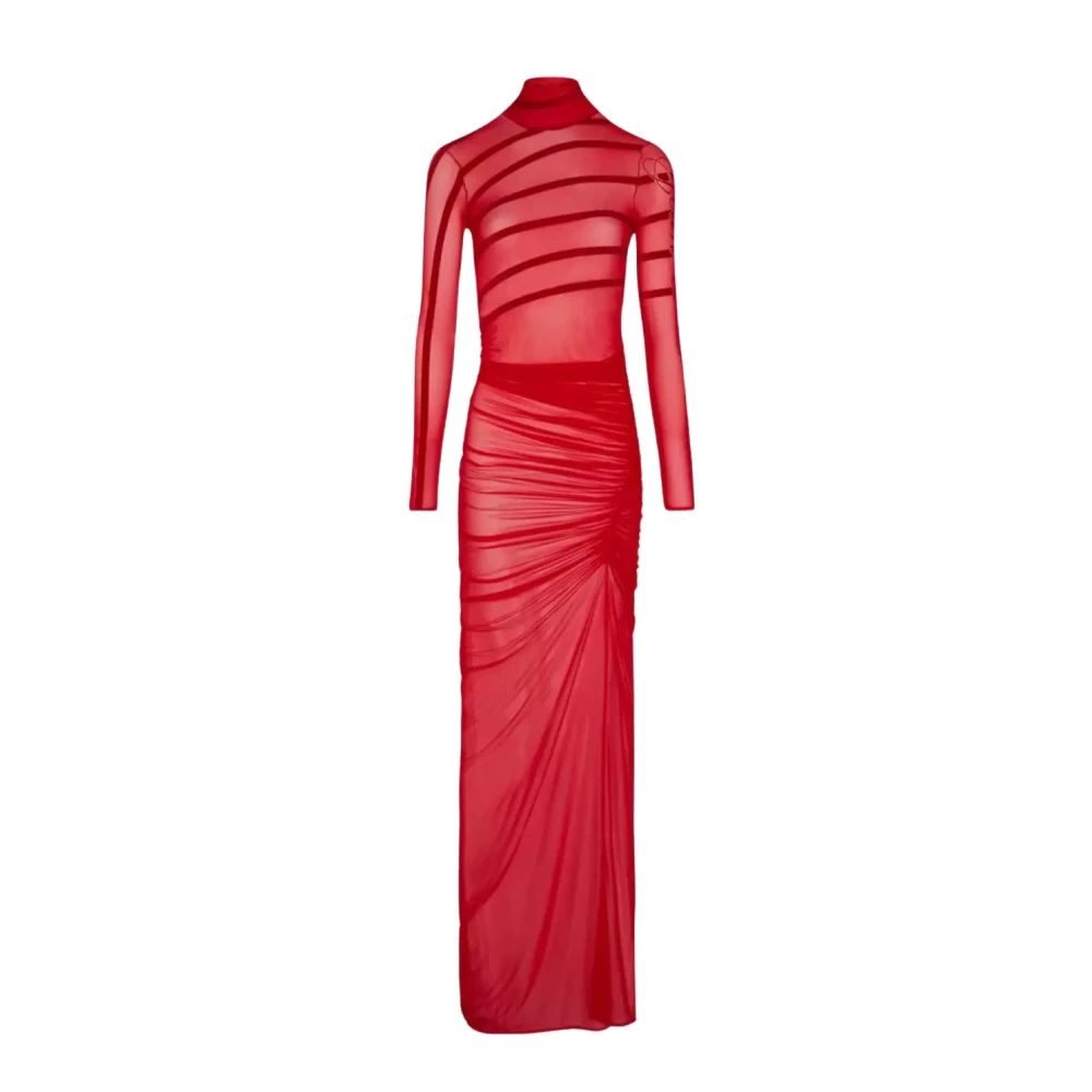 Jean Paul Gaultier Rode Maxi Tule Jurk Gestreepte Drapering Red Dames