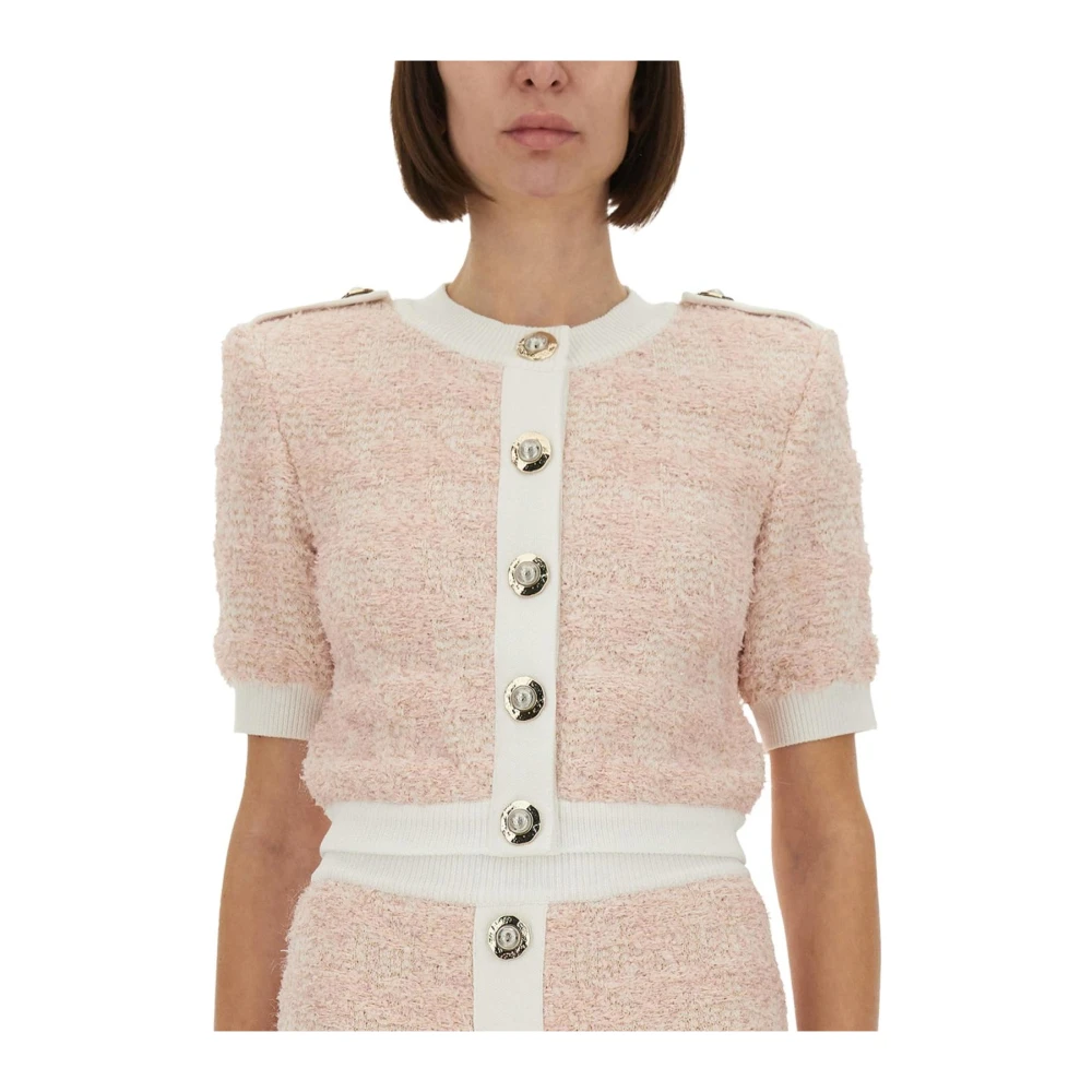 Balmain Donna Rosa Cardigan In Maglia A Maniche Corte