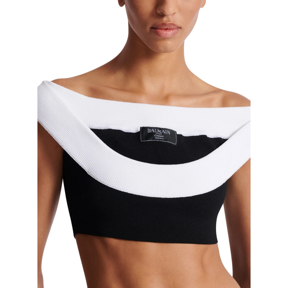 Balmain Tweekleurige gebreide cropped top met dubbele halslijn White Dames