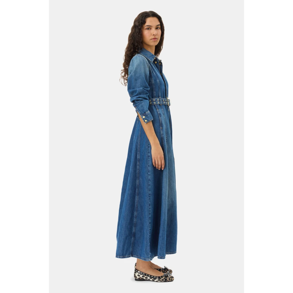 Ganni Blauwe Denim Maxi Jurk met Kraag Blue Dames