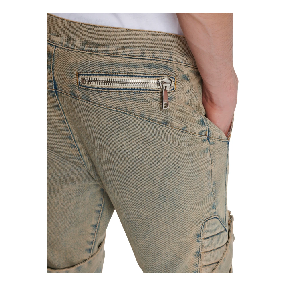 Balmain Multi-Strap Sandy Blue Denim Broek Gray Heren