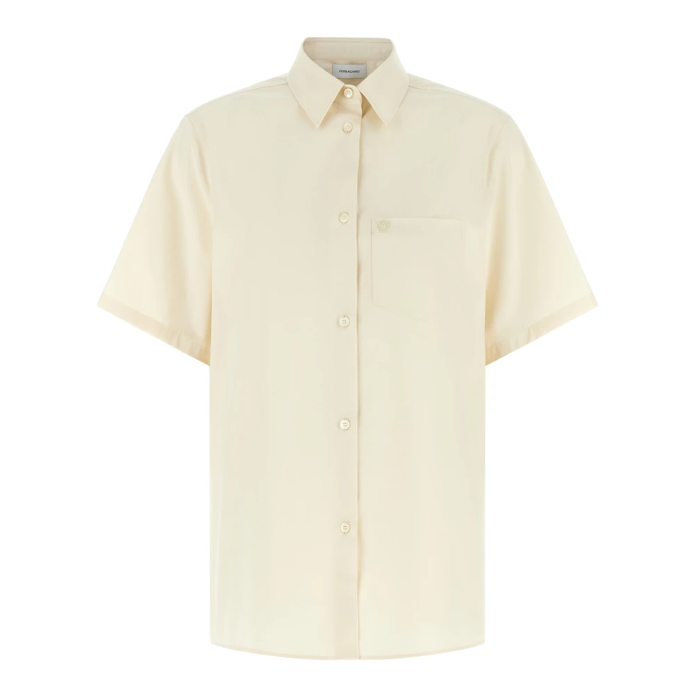 Ferragamo Women's Beige Asymmetric Hem Short-Sleeve Shirt