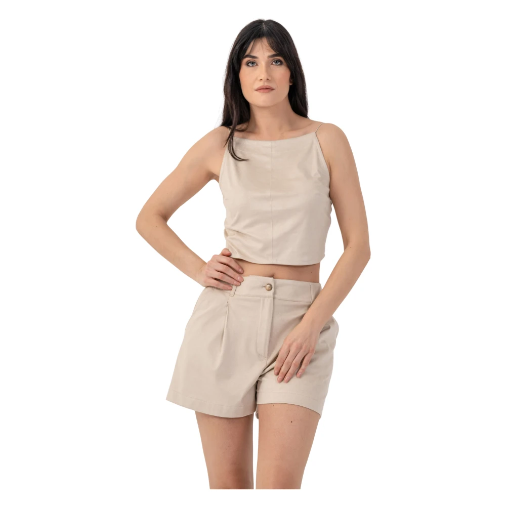 Kocca Women's Beige Sleeveless Tops, S, Top Cropped Effetto Suede