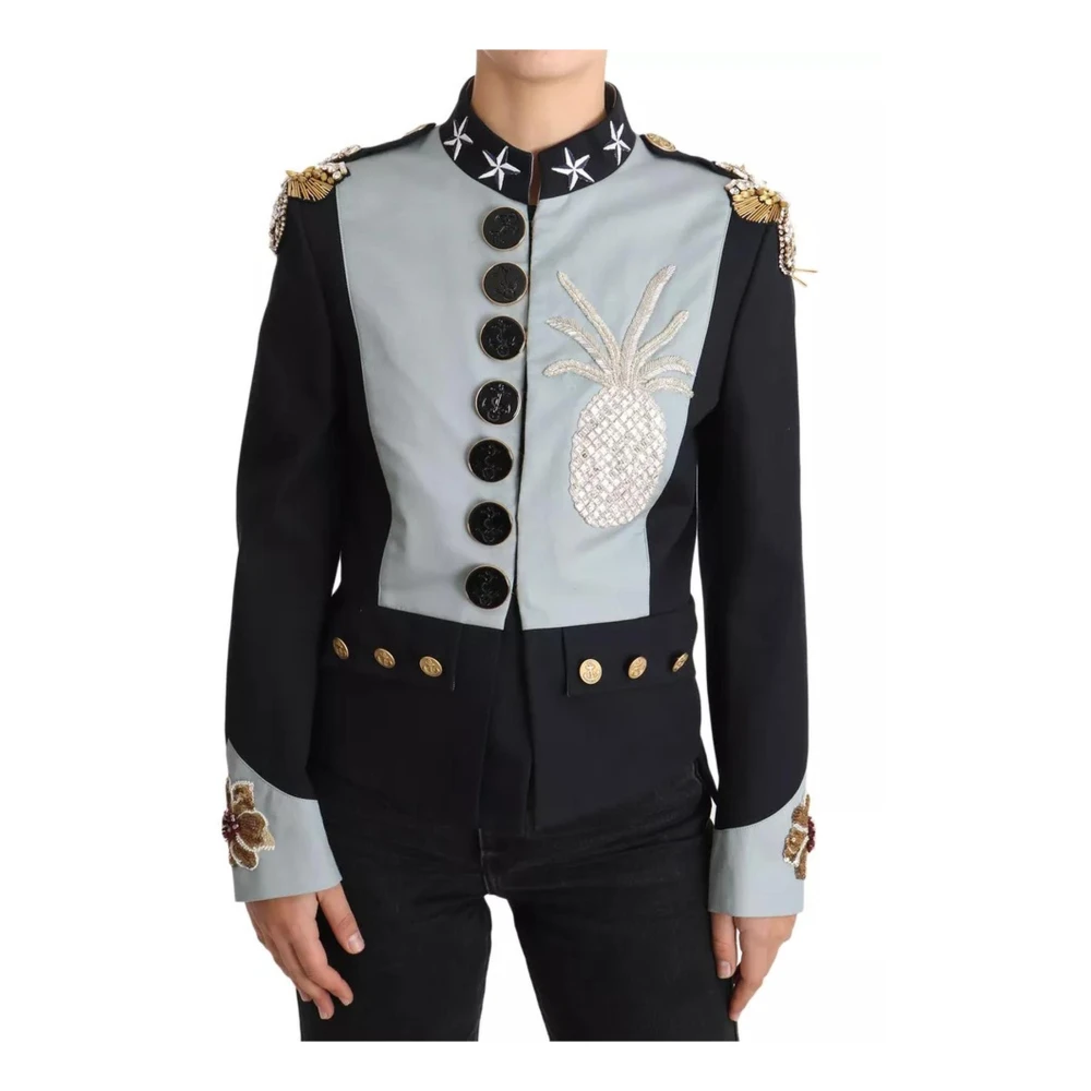 Dolce & Gabbana Damen Blau Kristallverzierte Baumwolljacke