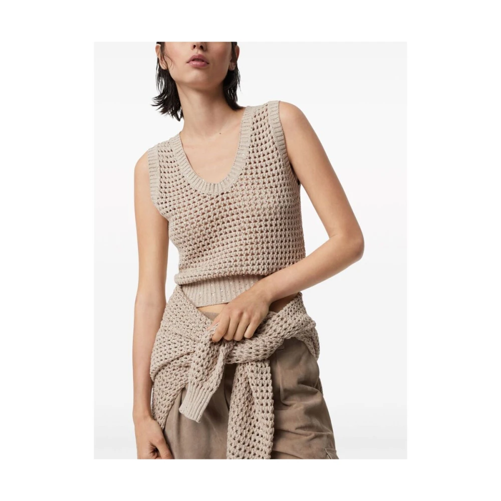 BRUNELLO CUCINELLI Beige Gebreide Top met Pailletten Beige Dames