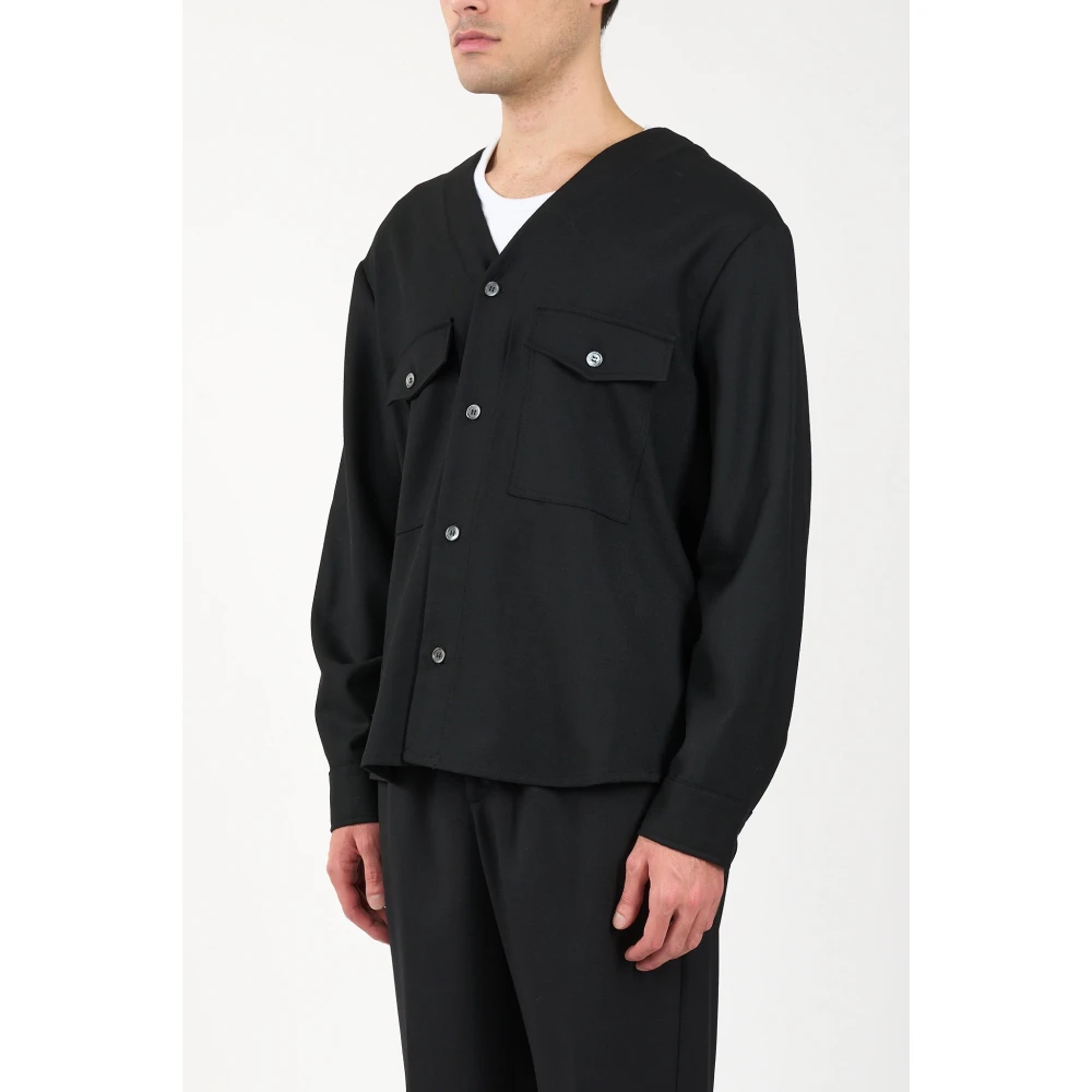 Mauro Grifoni Wollen overhemd met V-hals en zakken Black Heren